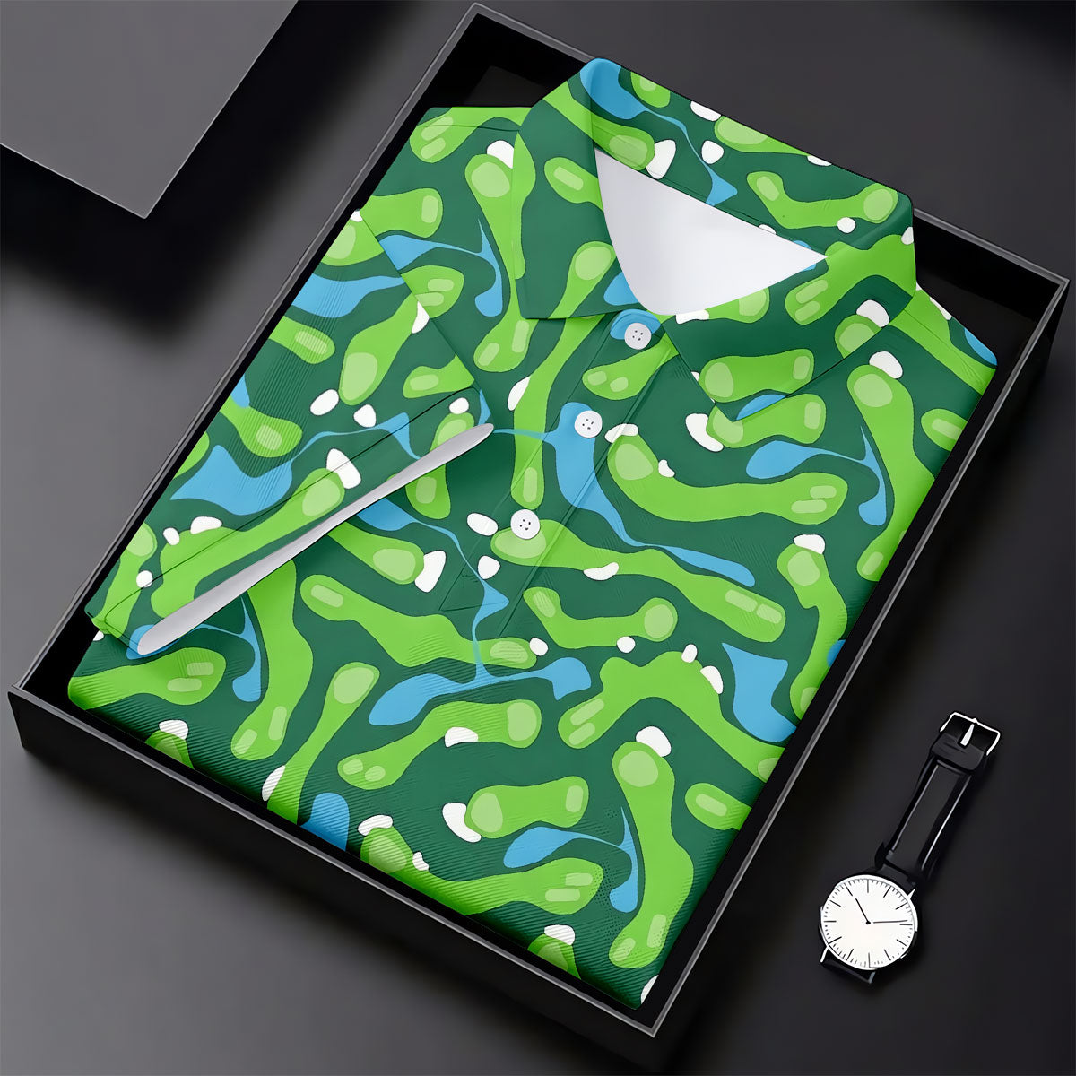 Golf Course Layout Golf Shirt, Fairway Water Hazard Pattern, Golf Shirt For Men