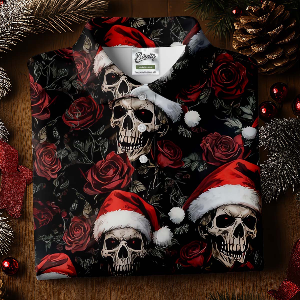 Vintage Skull And Roses Christmas Golf Shirt, Cool Golf Outfit, Polo Shirtor Men, Golf Shirts For Men