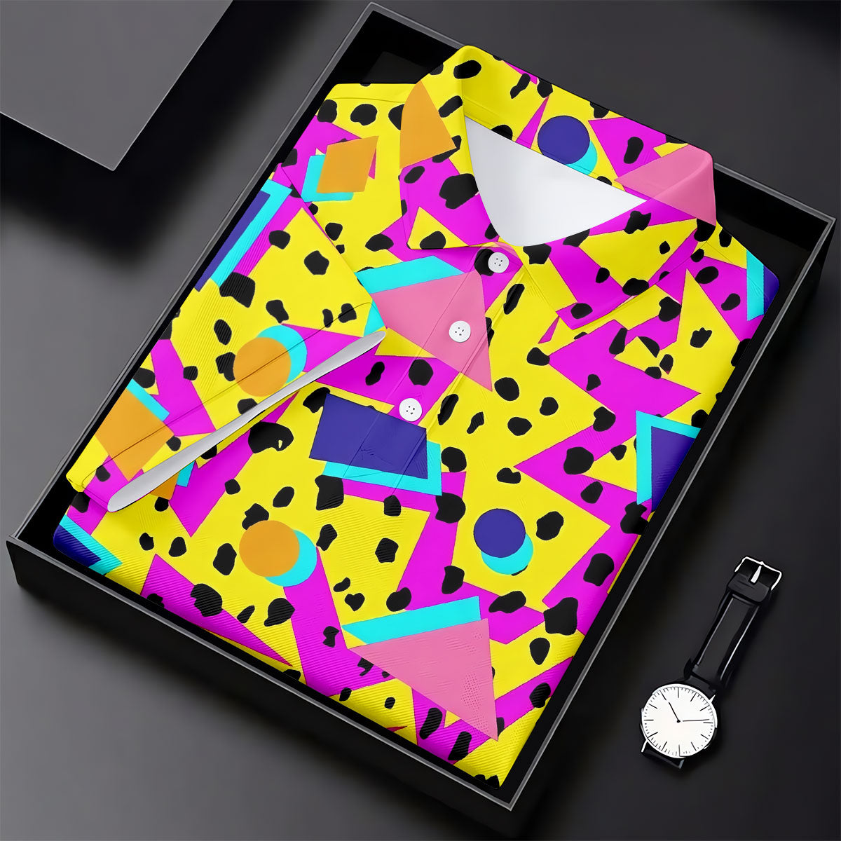 Retro Neon Geometric Shapes Yellow Golf Shirt, Golf Shirts For Men, Mens Golf Apparel, Polo Shirts For Men
