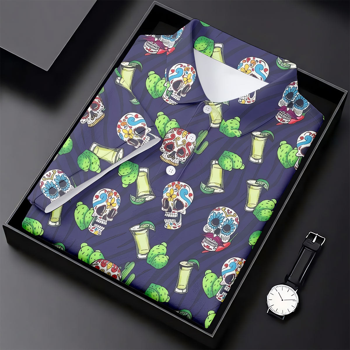 Day Of The Dead Sugar Skull Cactus Polo Shirt, Mens Golf Polo, Hawaiian Golf Shirt