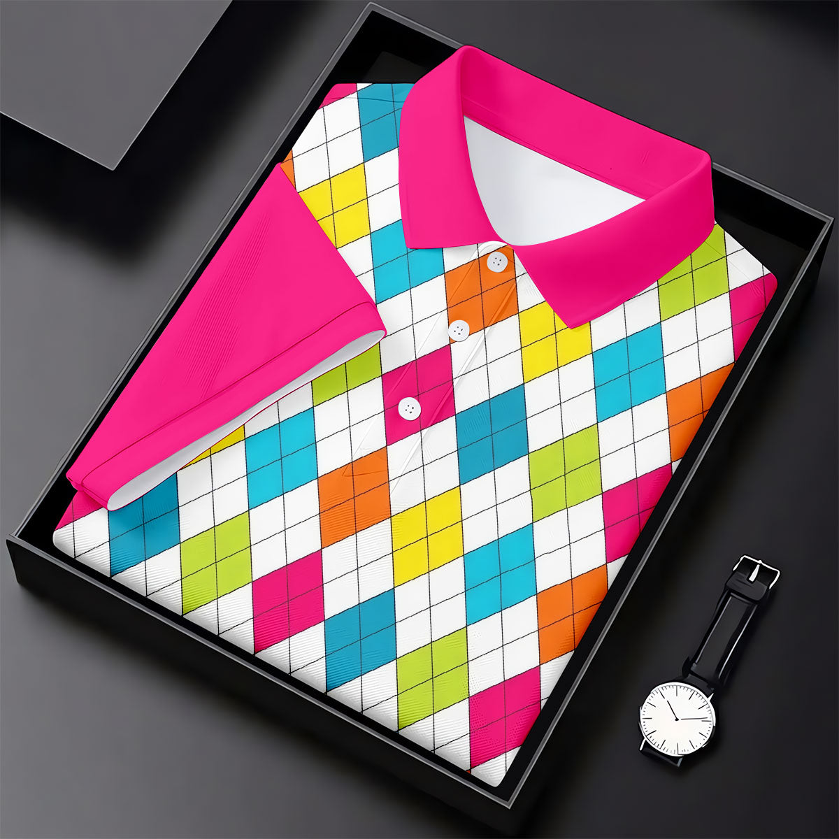 Pink Sleeve Colorful Argyle Plaid Golf Shirt, Mens Golf Polo, Printed Golf Shirts