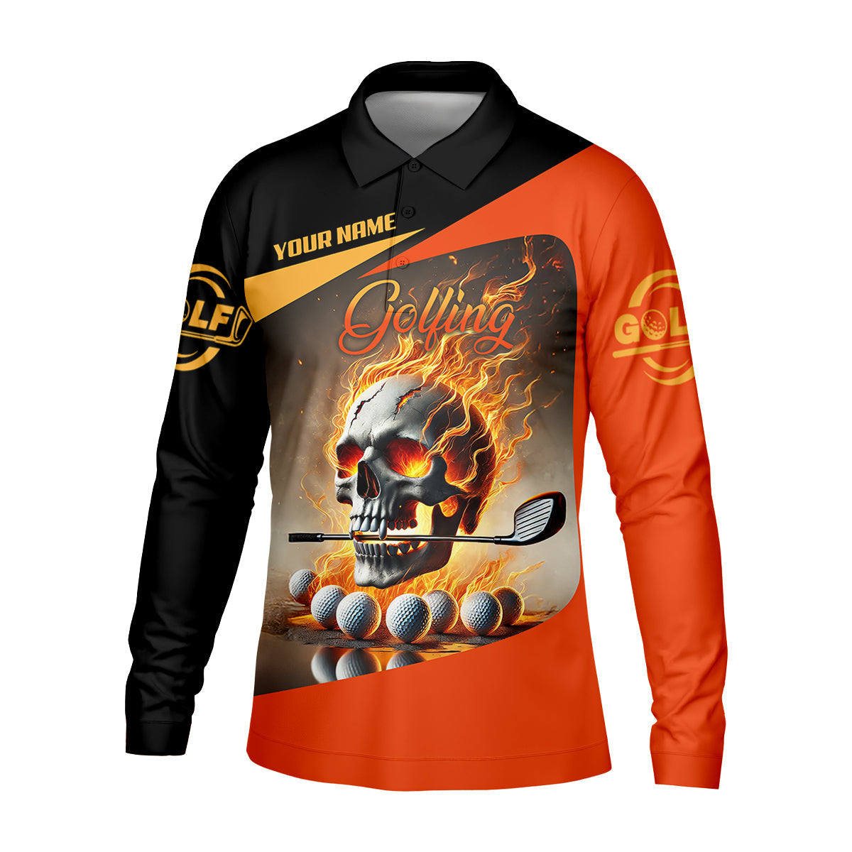 Custom Flame Skull Golf Polo ShirtGolfing Apparel, Mens Golf Gift, Funny Golf Shirt