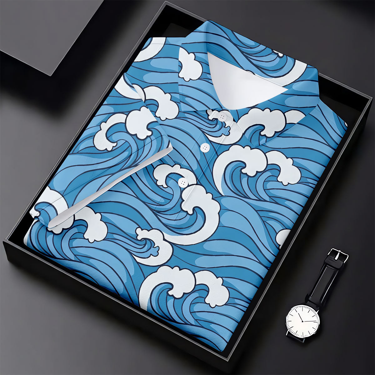 Japanese Wave Golf Shirt, Ocean Wave Pattern Men's Golf Polo, Polo Shirts For Men