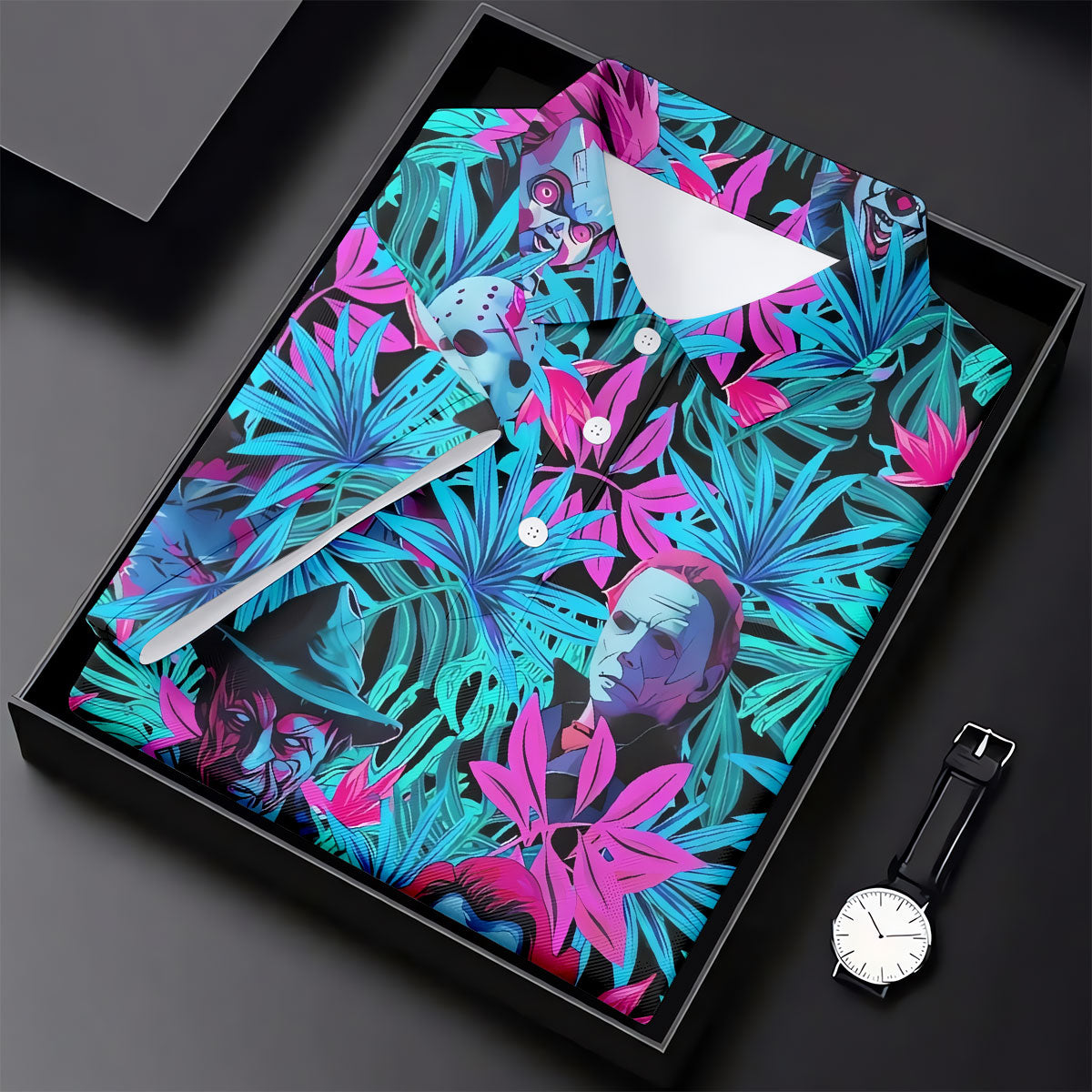Neon Halloween Horror Character Hawaiian Golf Shirt, Men's Golf Shirt, Printed Golf Polo Shirt