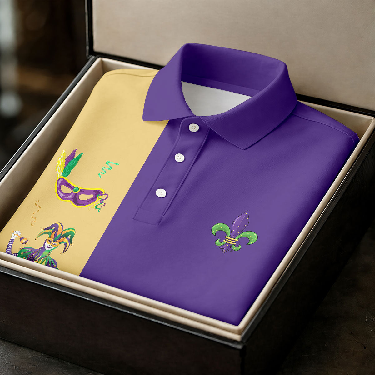 Mardi Gras Festival Jester Figure Fleur De Lis Symbol Purple Golf Shirt, Polo ShirtFor Men, Golf Shirts For Men