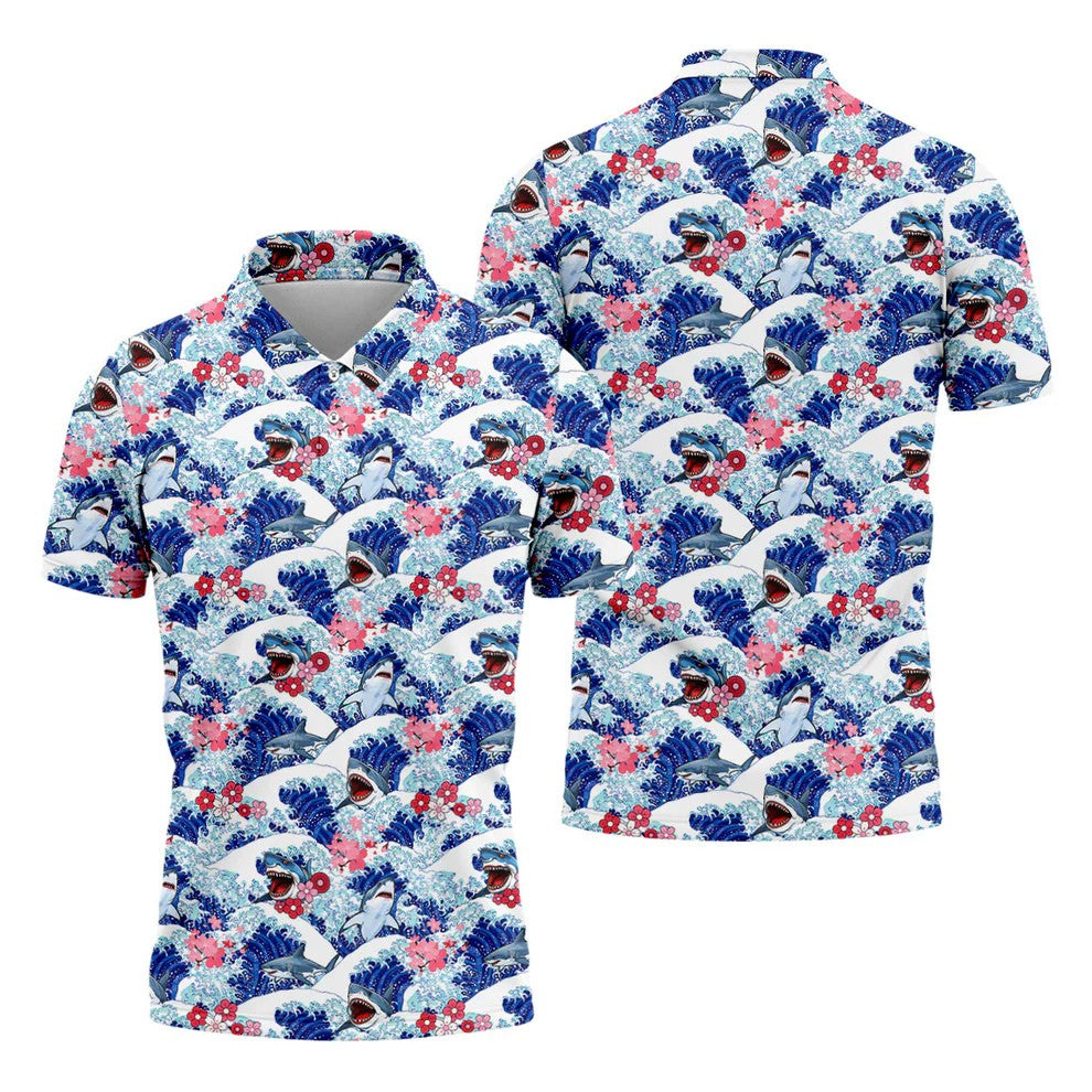 Funny Shark Japanese Wave Hawaiian Golf Shirt, Men's Golf Shirt, Polo Shirts For Men