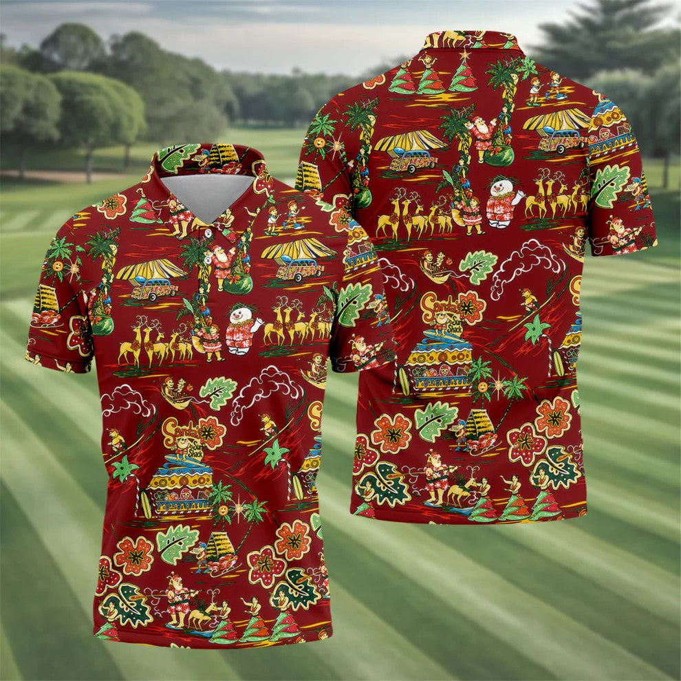 Men's Tropical Santa Surf Shack Golf Shirt, Christmas Golf Shirt, Golf Apparel For Men