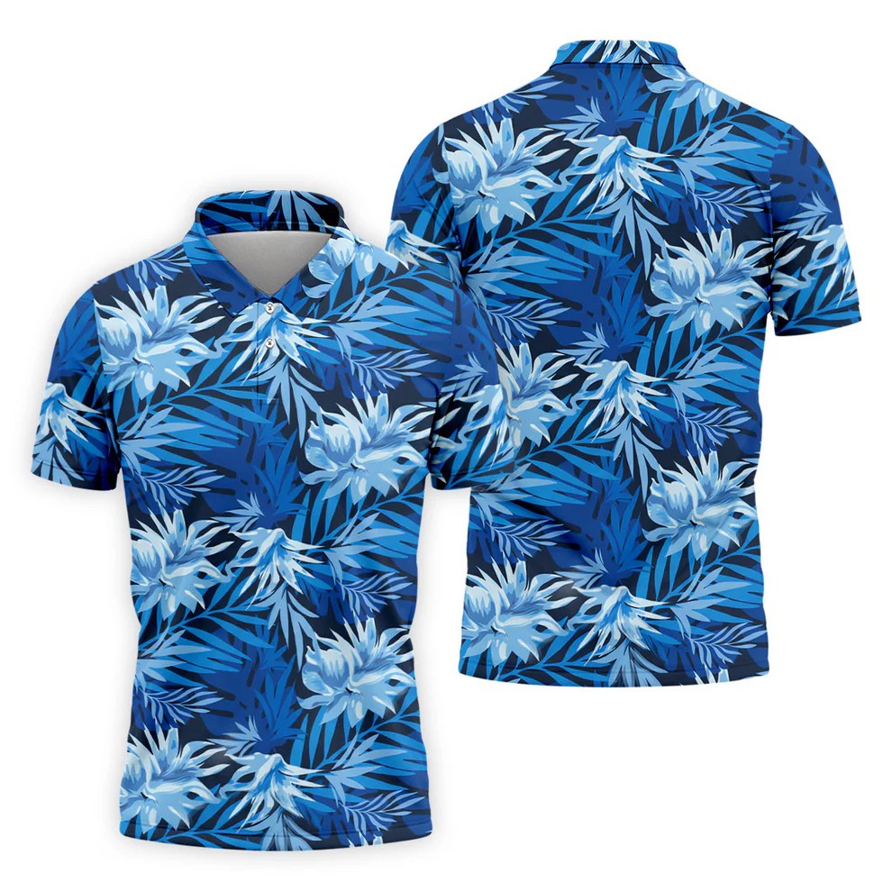 Blue Tropical Hibiscus Floral Golf Shirt, Mens Polo Shirts, Golf Apparel For Men