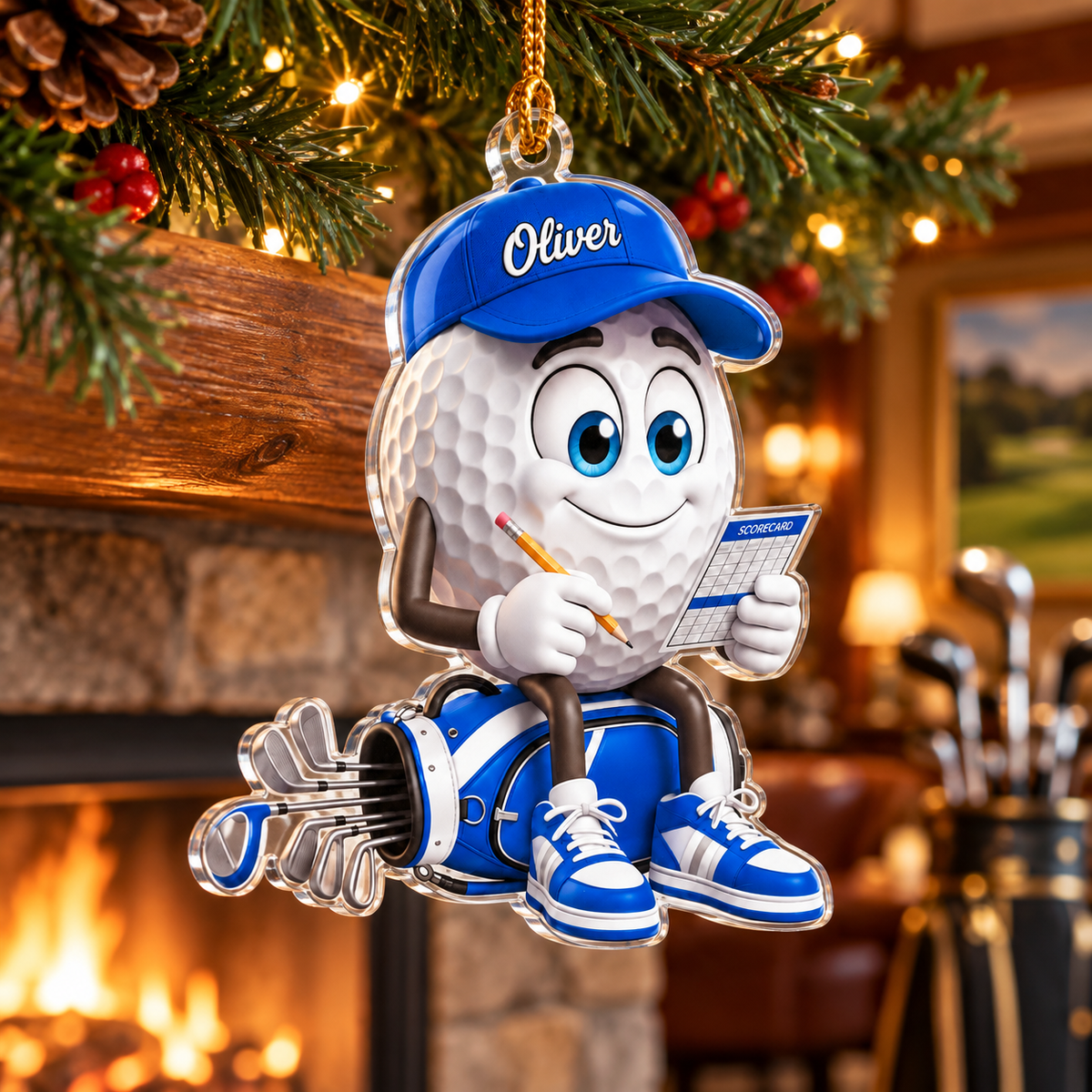 Custom Name Blue Golf Scorecard Acrylic Ornament, Christmas Ornaments, Golf Gifts