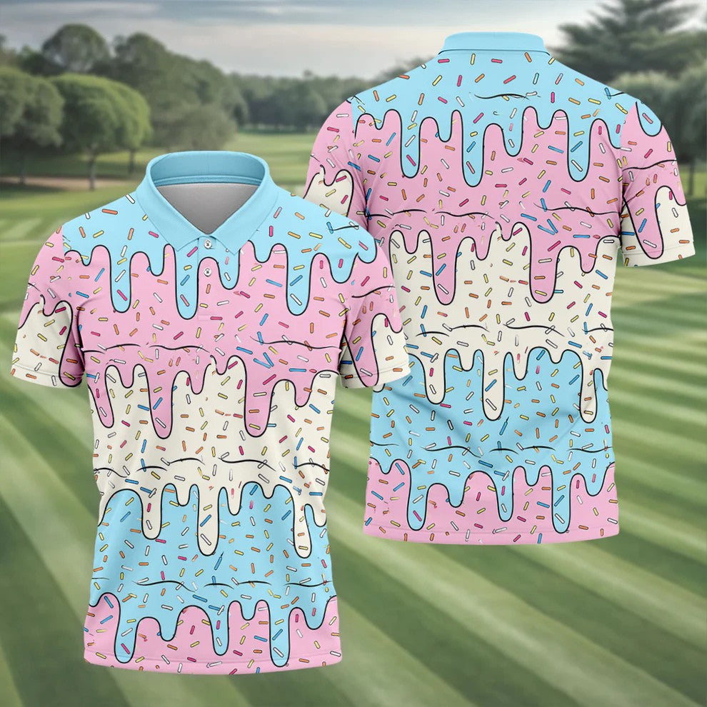 Ice Cream Drip Hawaiian Golf Shirt, Summer Sweets Men's Golf Shirt, Polo Shirts For Men
