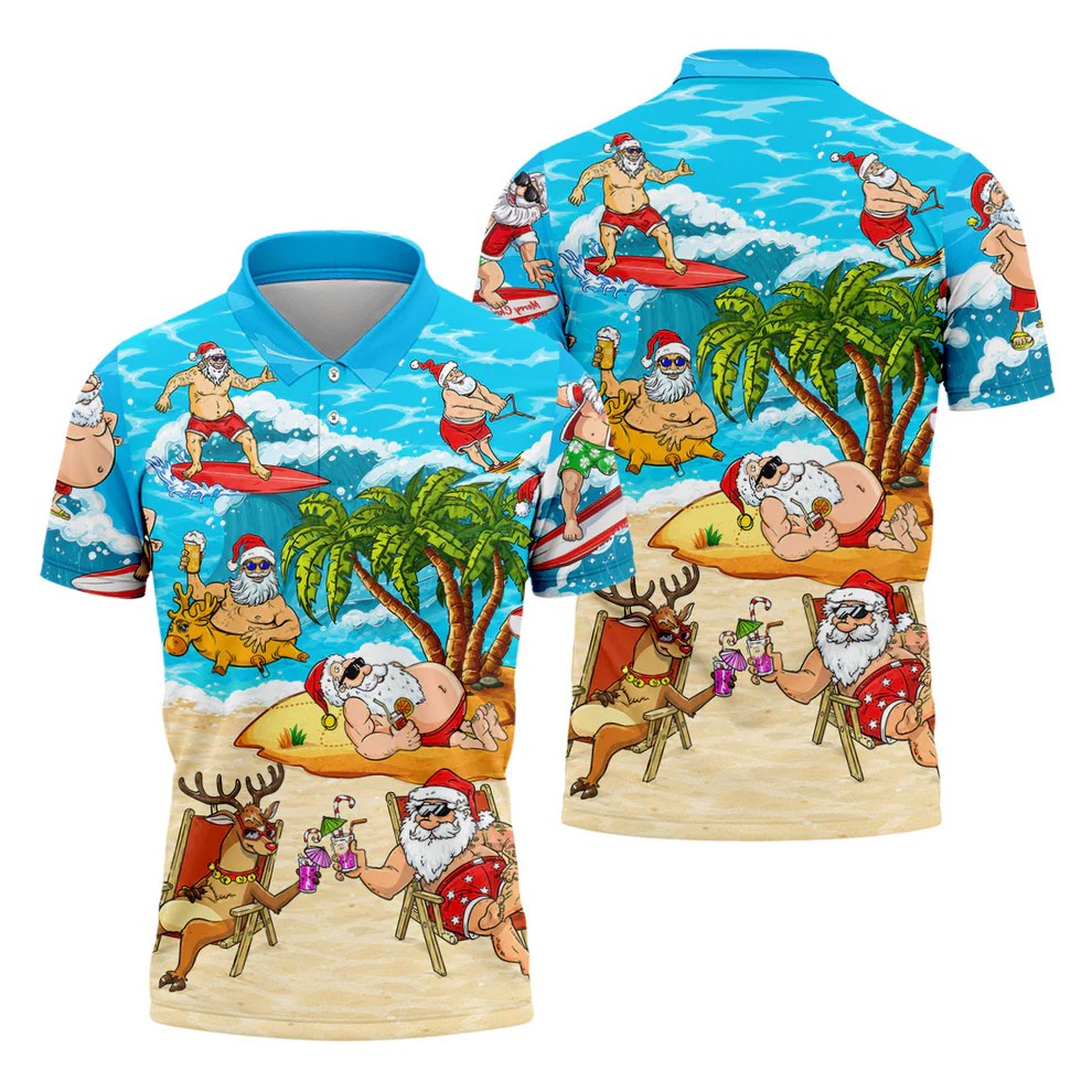 Funny Santa Beach Party Men's Golf Shirt, Christmas Golf Shirt, Golf Apparel For Men