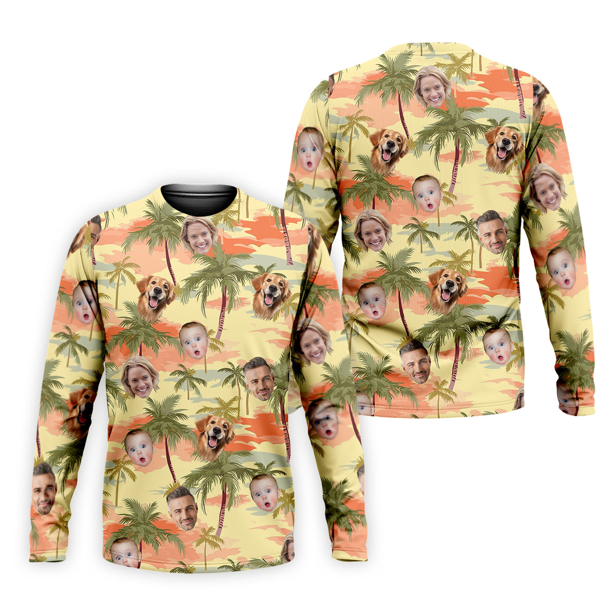 Yellow Sunset Hawaiian Shirt Face, Men Golf Polo, Matching Hawaiian Outfits, Long Sleeve Polo
