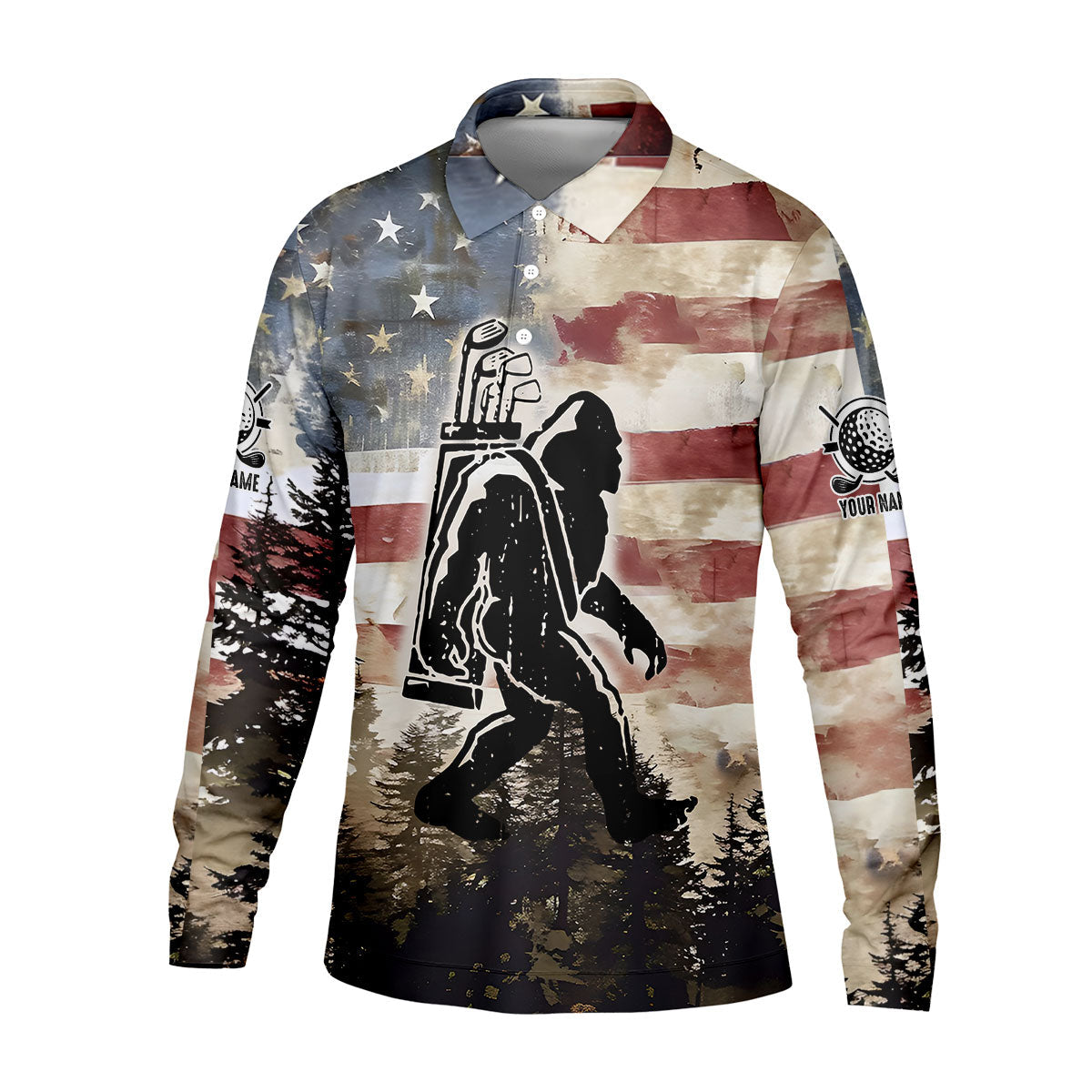 Patriotic Golf Polo Shirt Bigfoot Golf Shirt, Men's Long Seeve Golf Shirts, Golf Gifts For Men