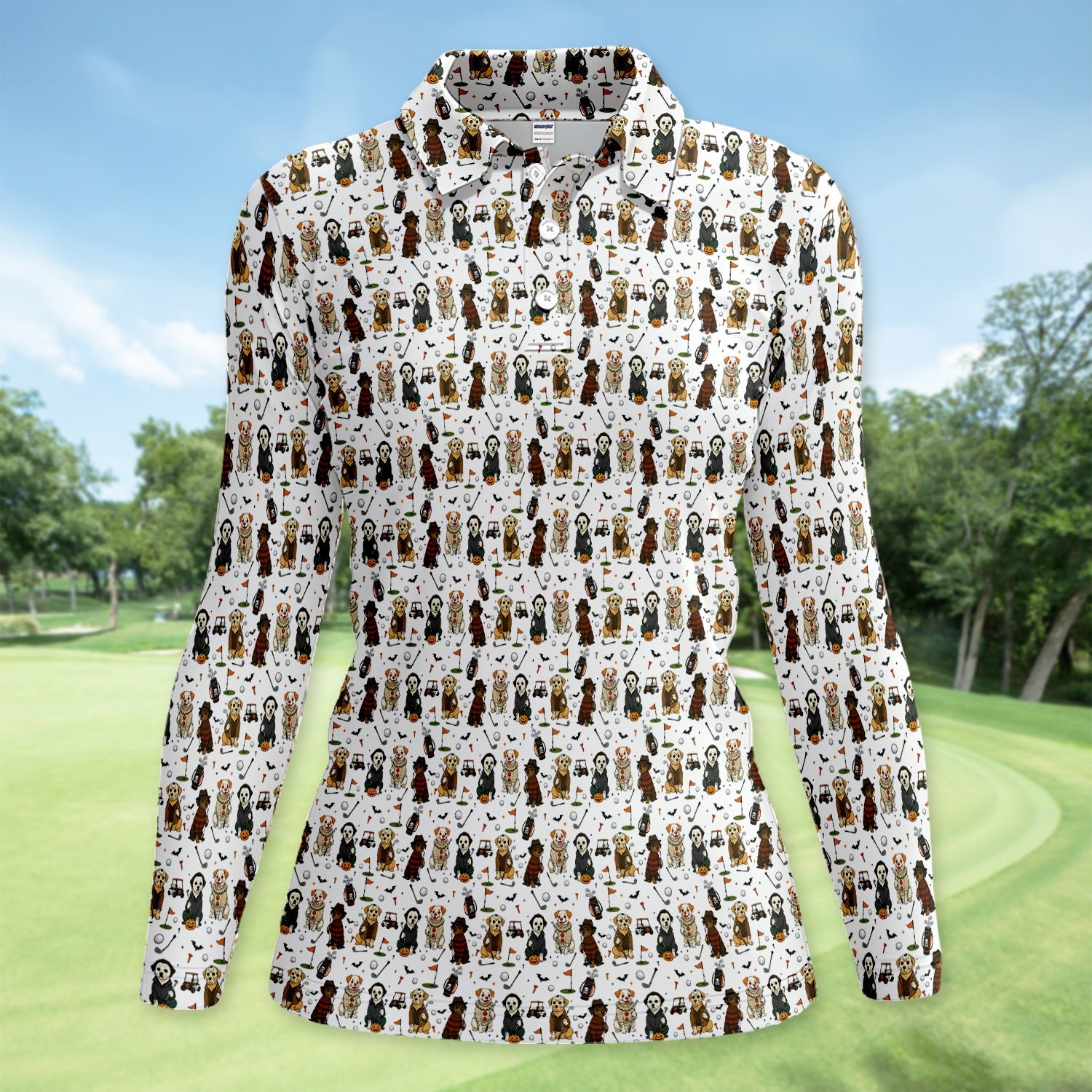 Spooky Slasher Dog Golf Pattern Shirt, Horror Pup Golf Polo For Women, Halloween Golf Lover Gift