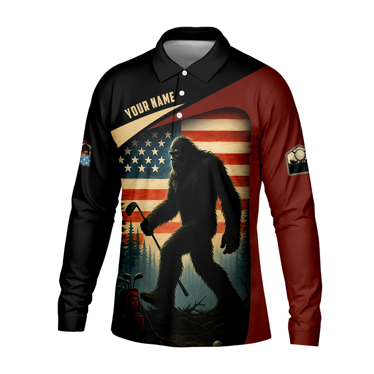 Bigfoot Golf Shirt, Patriotic Golf Polo Shirt Men's Long Seeve Golf Shirts, Golf Gifts For Men