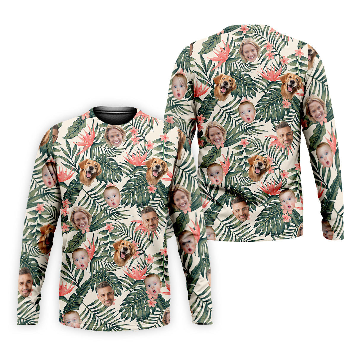 Tropical Floral Pattern Custom Hawaiian Shirts With Face, Men Polo ShirtLong Sleeve Golf Shirts