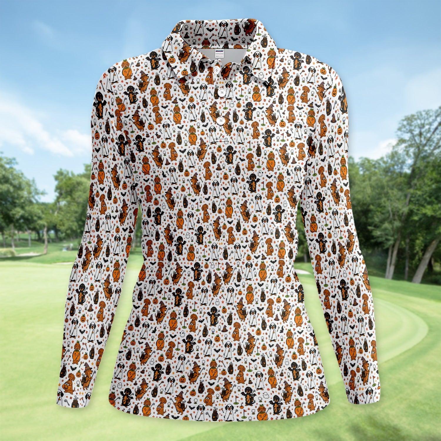 Halloween Dog Golf Polo Shirt for Women– Funny Spooky Golfer Pattern Polo