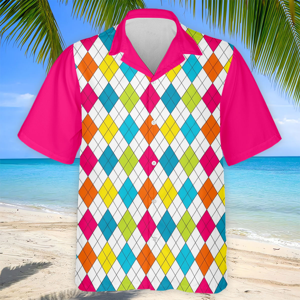 Pink Sleeve Colorful Argyle Plaid Golf Shirt, Mens Golf Polo, Printed Golf Shirts
