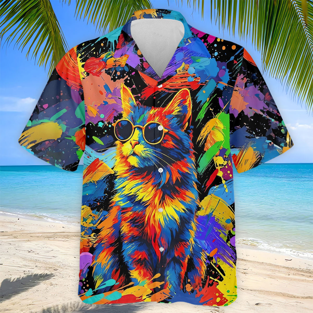 Colorful Cat Sunglasses Paint Splash Golf Shirt, Men's Golf Shirt, Golf Apparel For Men