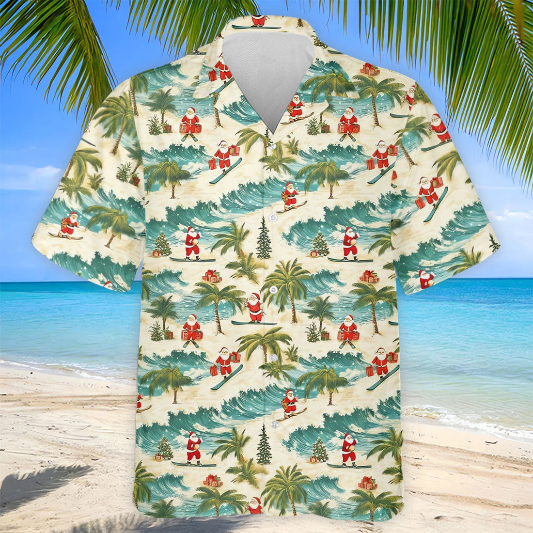 Christmas Santa Surfing Tropical Hawaiian Golf Shirt, Golf Shirts For Men, Printed Golf Shirts