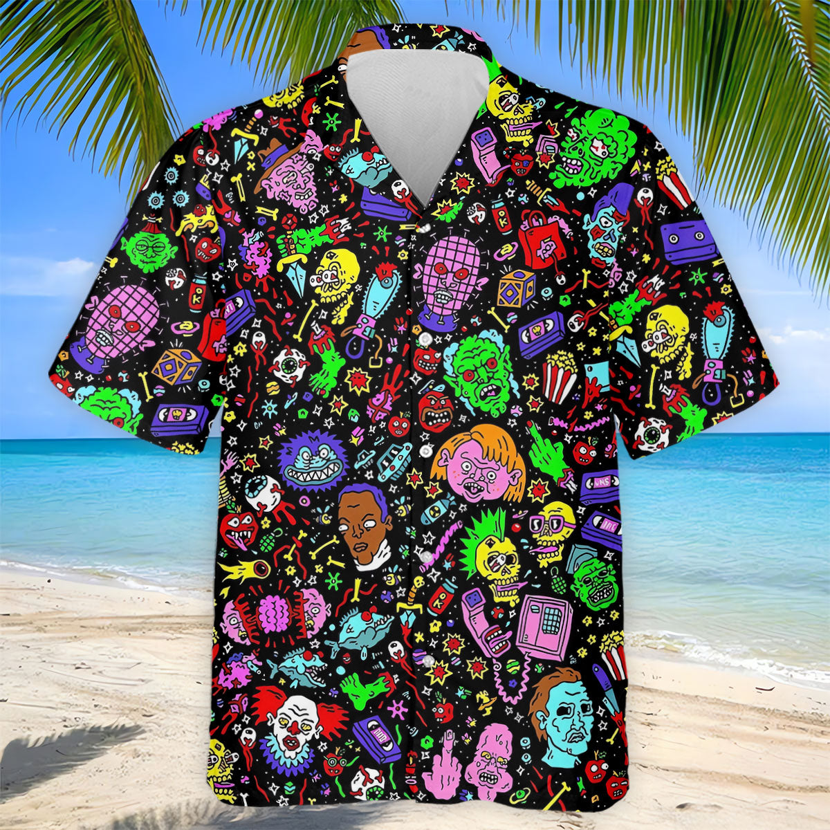 Halloween Horror Character Doodle Hawaiian Golf Shirt, Men's Golf Shirt, Printed Golf Polo Shirt