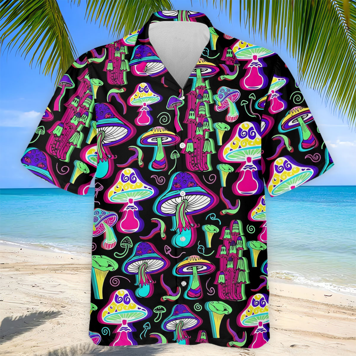 Black Neon Mushroom Pattern Golf Shirt, Mens Golf Polo, Golf Apparel For Men, Printed Golf Shirts