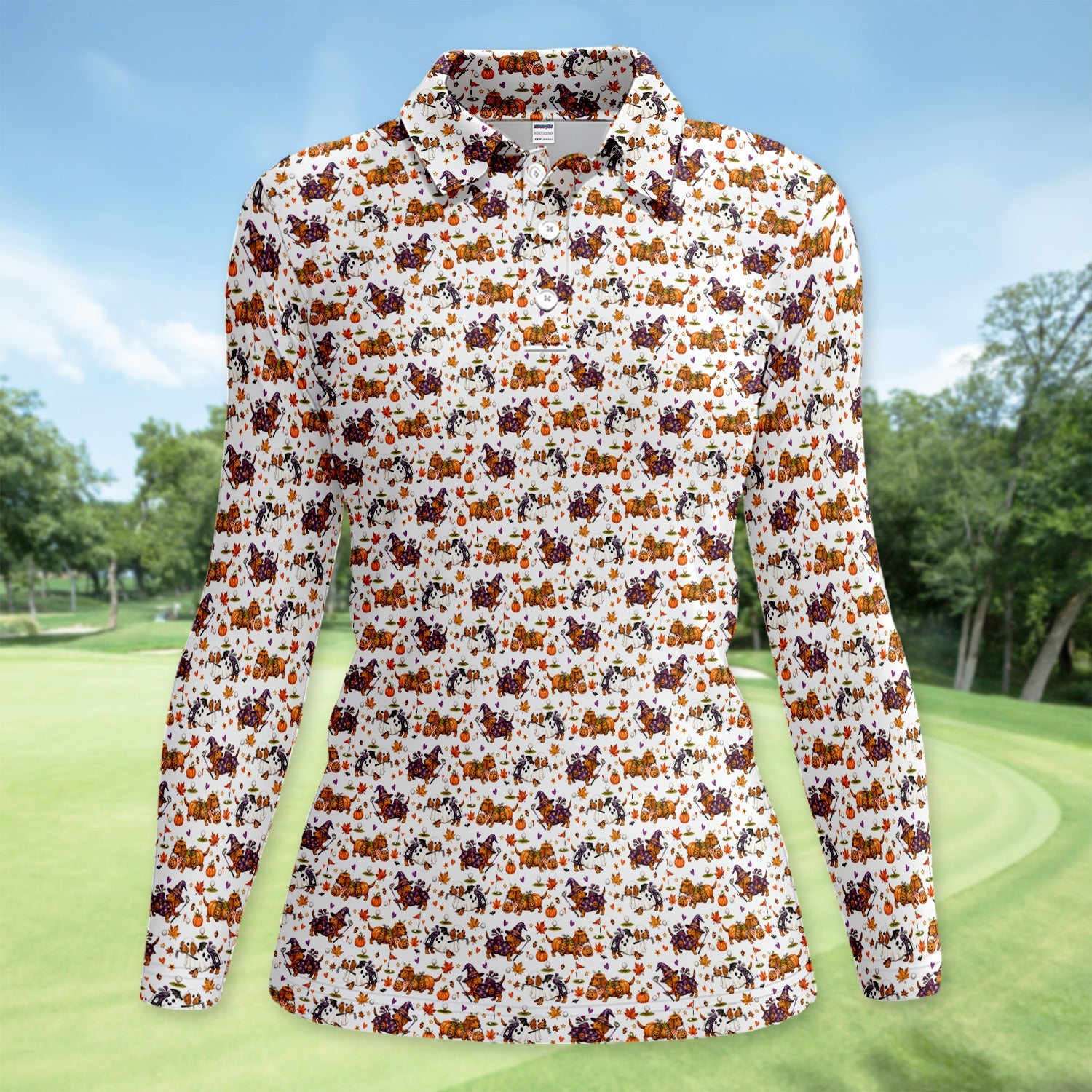 Halloween Dachshund Golf Polo Shirt for Women – Funny Spooky Wiener Dog Golfer Polo