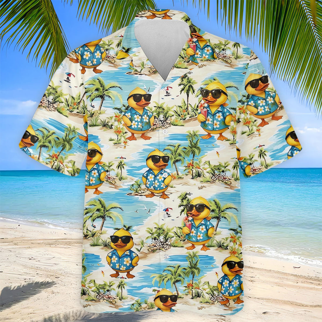 Cute Funny Duck Hawaiian Golf Shirt, Beach Theme Men's Golf Shirt, Polo Shirts For Men