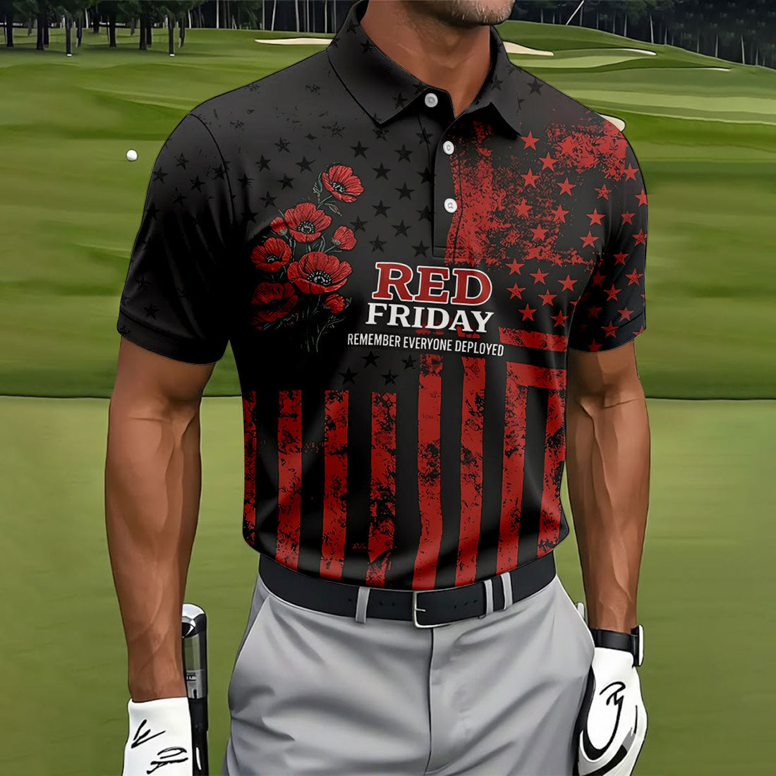 Red Friday American Flag Poppy Polo Shirt, Mens Golf Apparel, Printed Golf Shirts