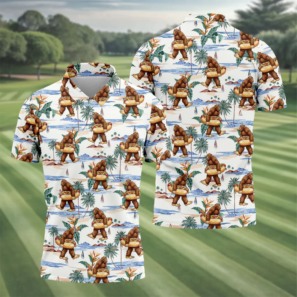 Bigfoot Hot Dog Beach Hawaiian Shirt, Mens Golf Polo, Hawaiian Golf Shirt, Golf Apparel For Men