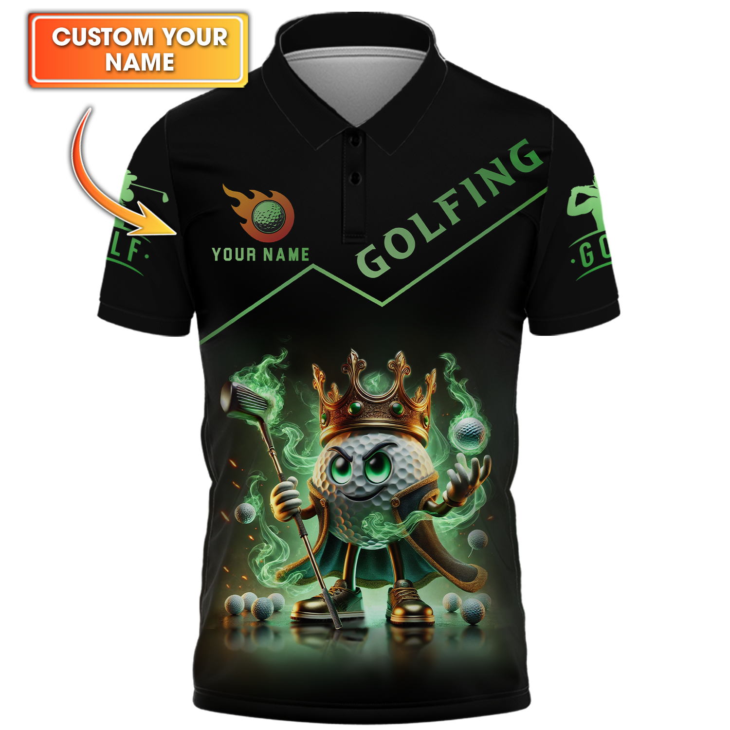 Golf King Green Fire, Custom Name Men's Golf Polo ShirtFunny Golf Polo ShirtGift For Golfers