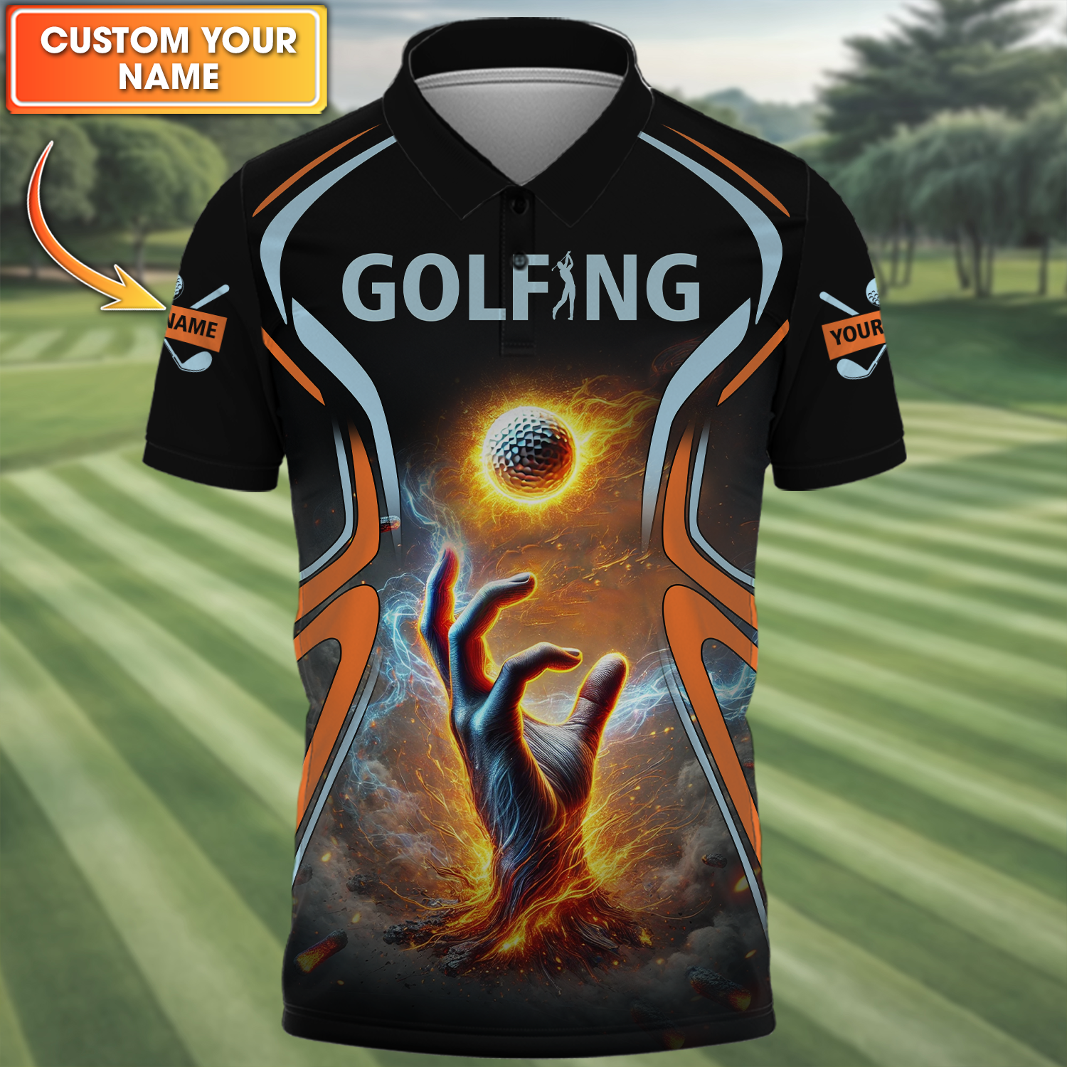 Golf Ball Fire Custom Golfing Men's Golf Polo ShirtGolfing Apparel, Mens Golf Gift