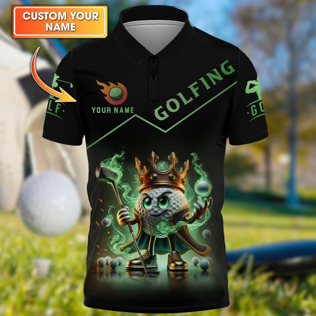Golf King Green Fire, Custom Name Men's Golf Polo ShirtFunny Golf Polo ShirtGift For Golfers