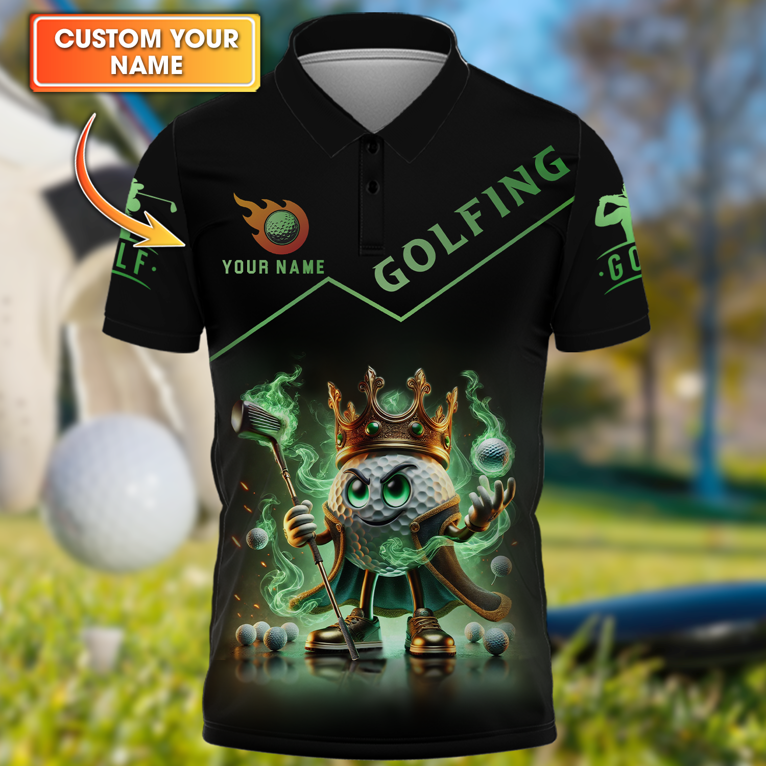 Golf King Green Fire, Custom Name Men's Golf Polo ShirtFunny Golf Polo ShirtGift For Golfers