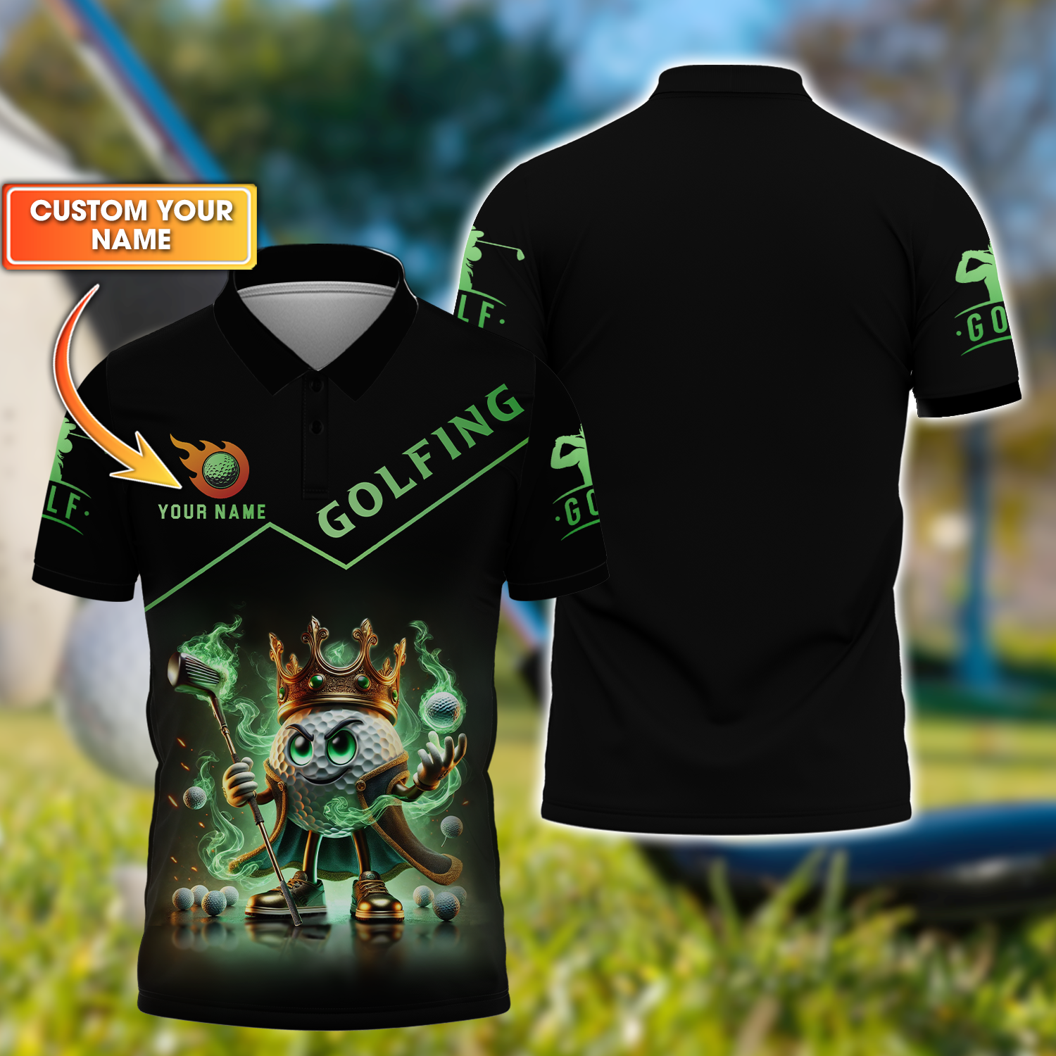 Golf King Green Fire, Custom Name Men's Golf Polo ShirtFunny Golf Polo ShirtGift For Golfers
