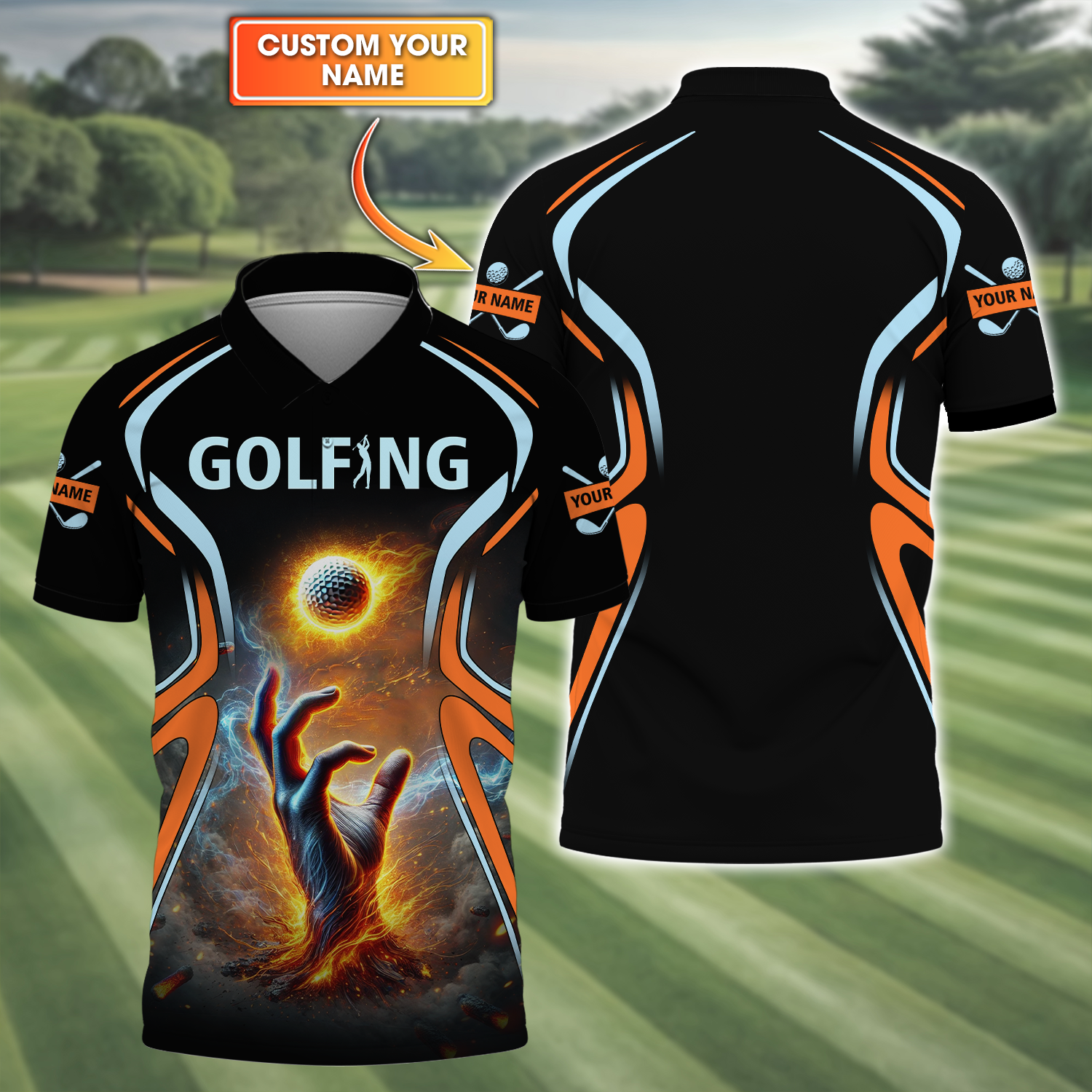 Golf Ball Fire Custom Golfing Men's Golf Polo ShirtGolfing Apparel, Mens Golf Gift