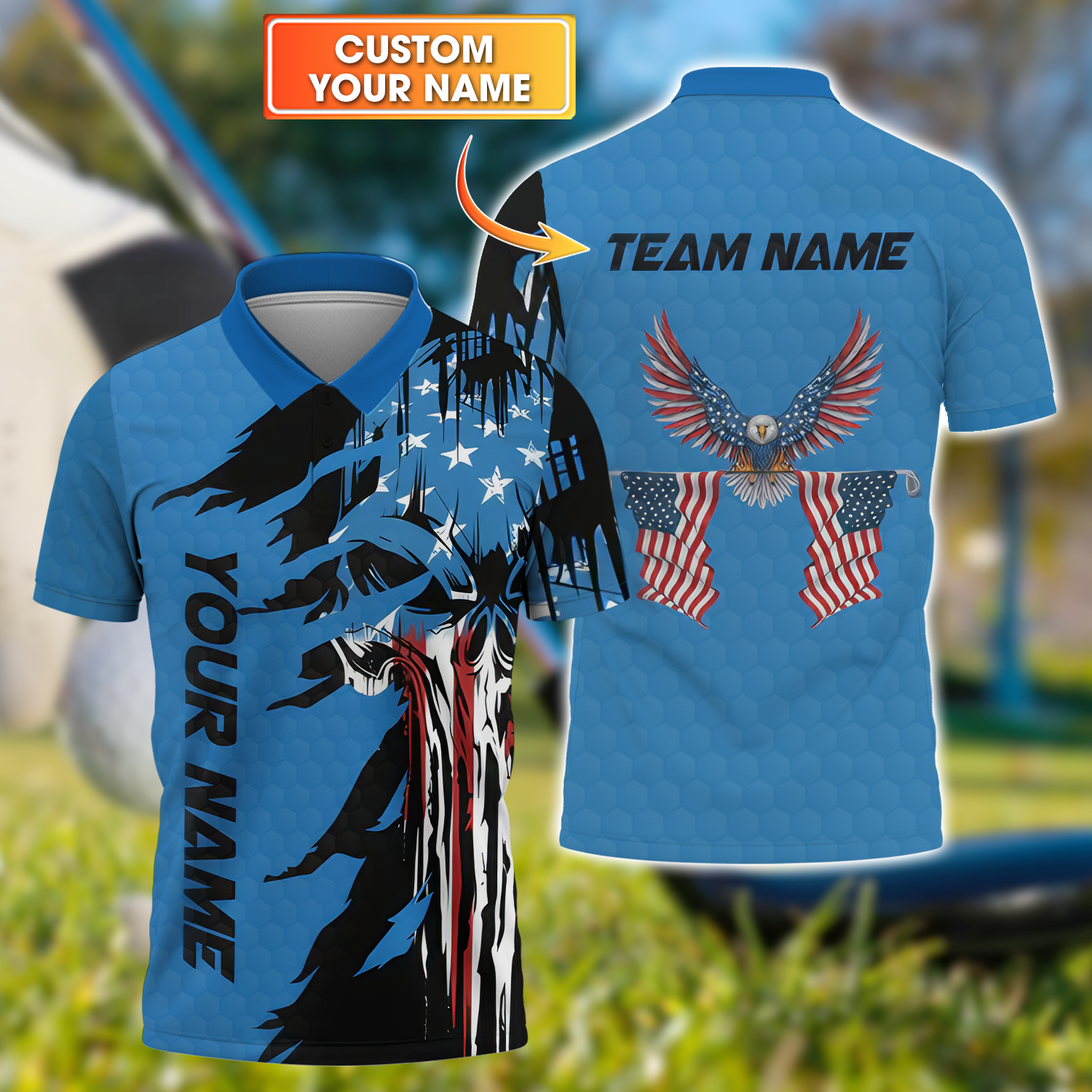 Skull US Flag Blue Custom Men's Golf Polo ShirtGolfing Apparel, Mens Golf Gift