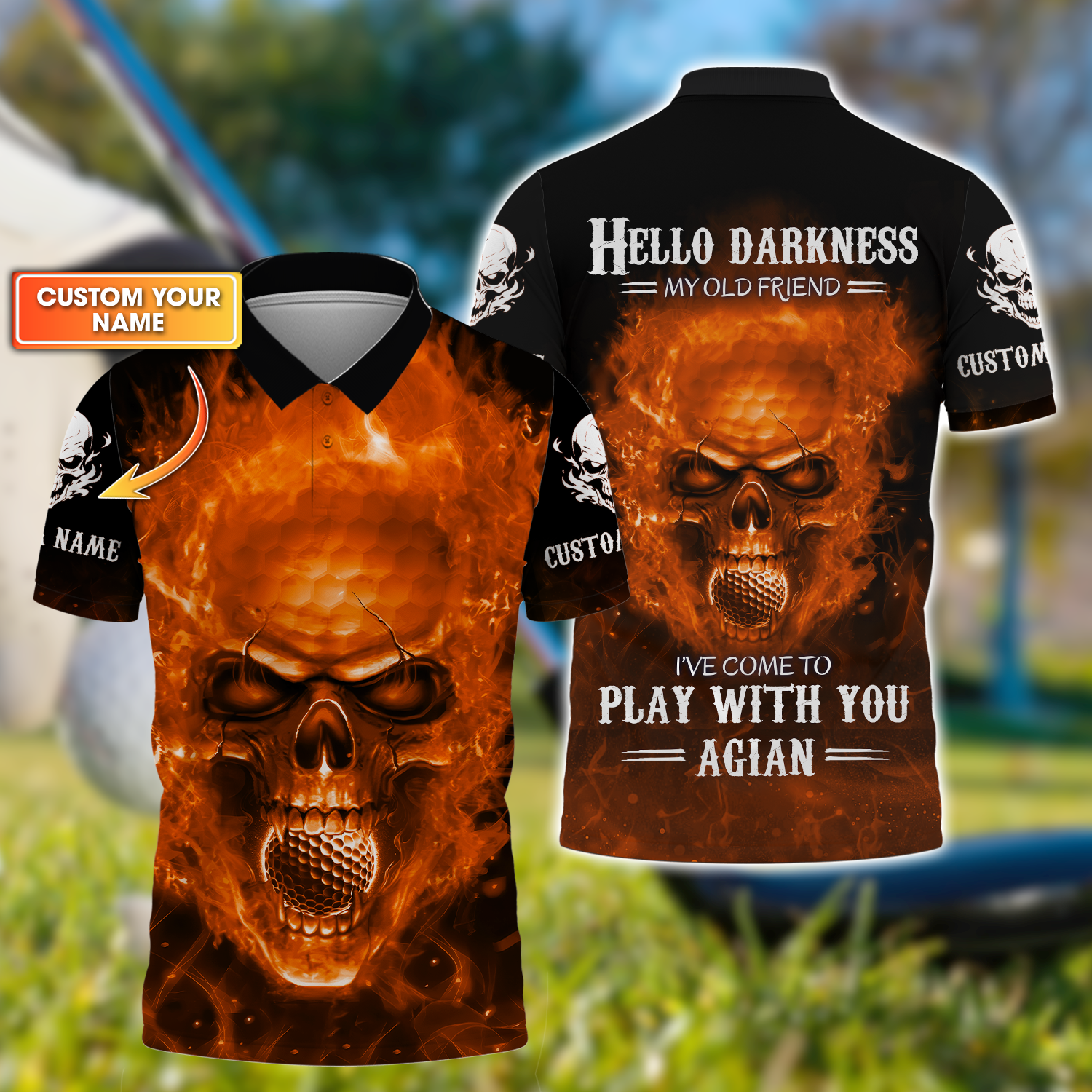 Hello Darkness My Old Flaming Skull Golf Polo ShirtGolf Apparel, Golf Gift For Men