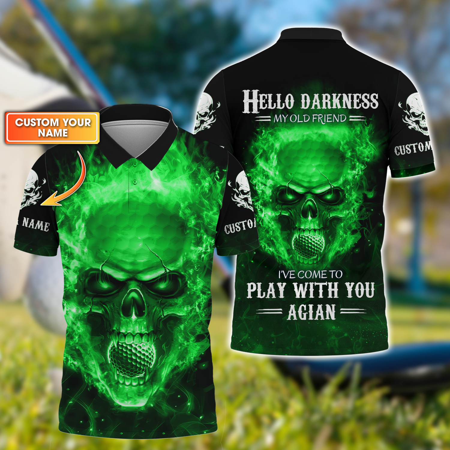 Hello Darkness My Old Green Blue Flame Skull Golf Polo ShirtGolf Apparel, Golf Gift For Men