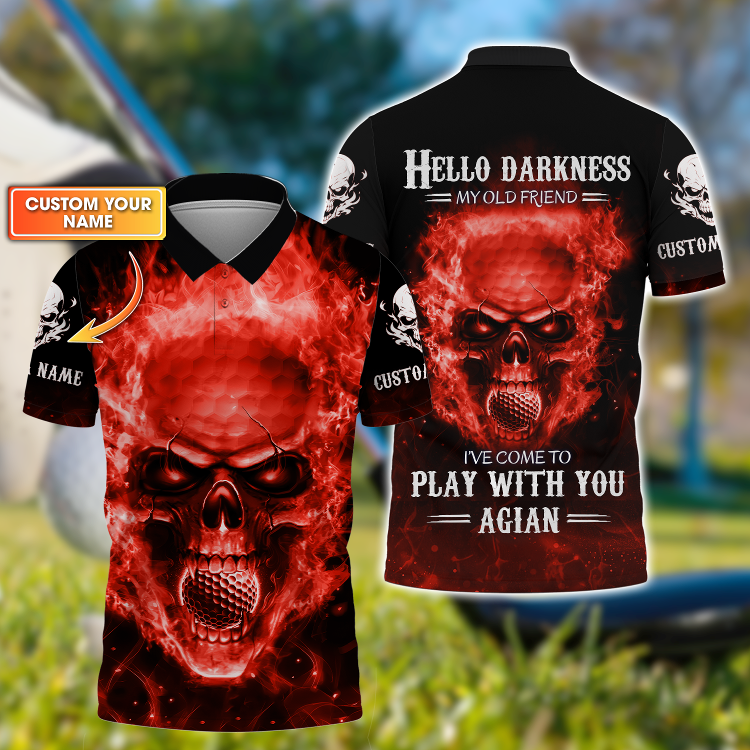 Hello Darkness My Old Flaming Fire Skull Golf Polo ShirtGolf Apparel, Golf Gift For Men