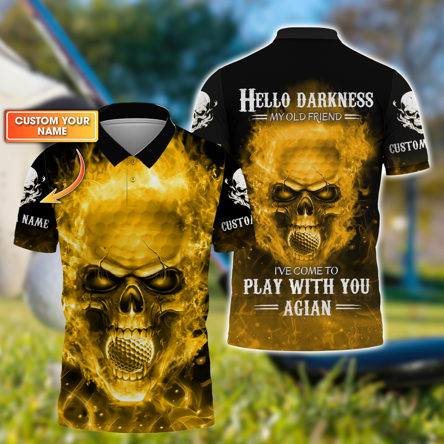 Hello Darkness My Old Fire Skull Golf Polo ShirtGolf Apparel, Golf Gift For Men
