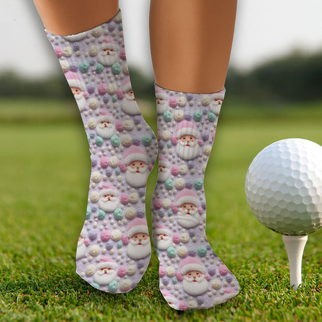 Knit Santa Pastel Pattern Golf Sock, Funny Golf Socks, Christmas Golf Gift, Golf Accessory