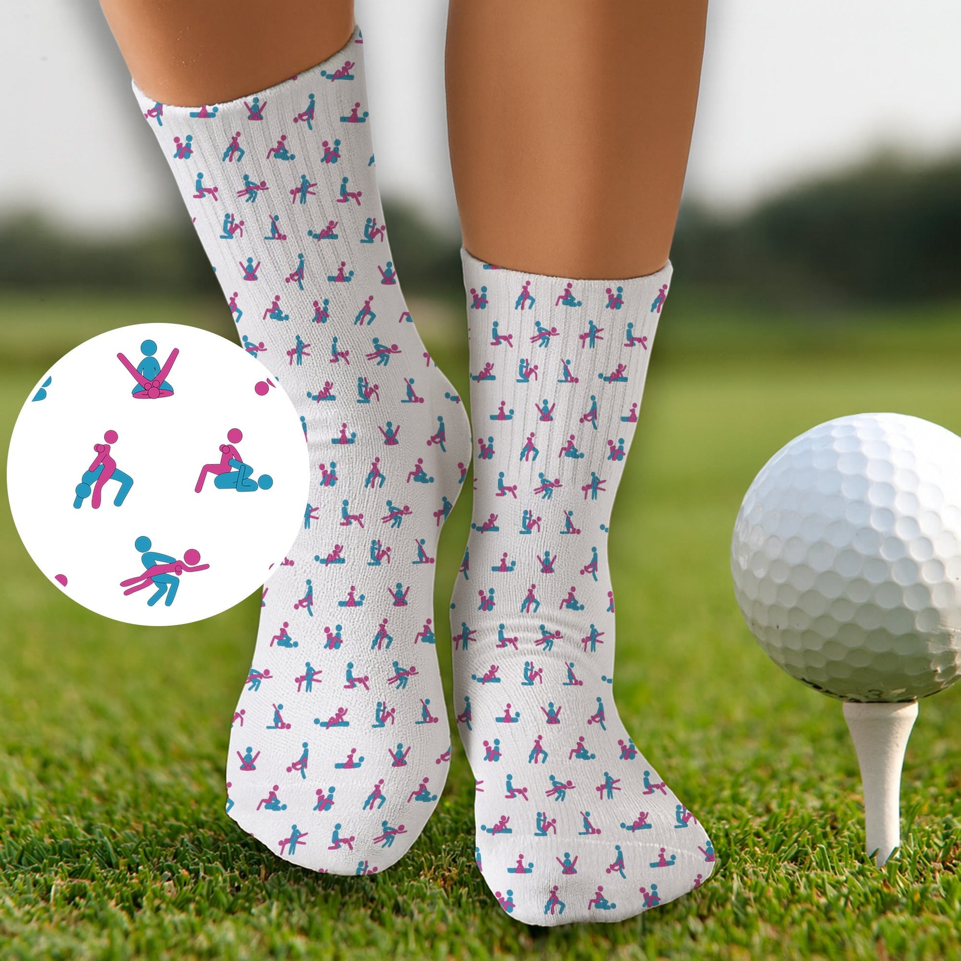 Blue And Pink Naughty Stick People White Golf Socks, Funny Golf Socks, Golf Accessory