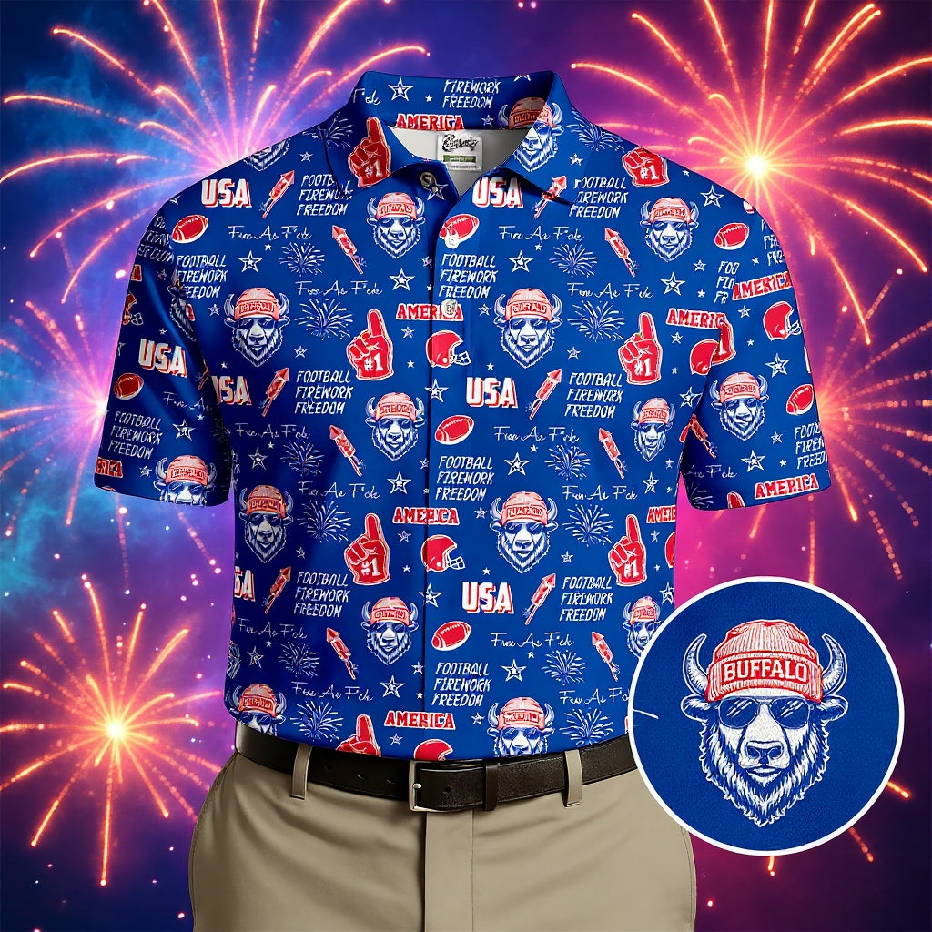 The Bisons Cool Buffalo Blue And Red Sport Polo, American Football League Gift Ideas For Football Fans