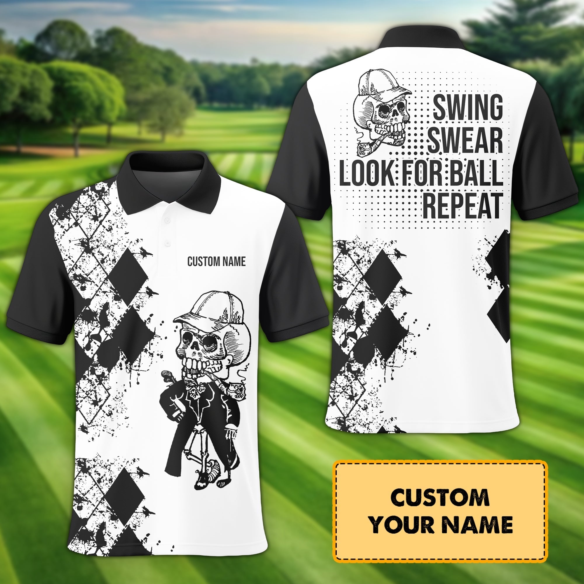 Swing Swear Repeat Skull Golf Shirt, Custom Name Polo ShirtPresent For Golfer