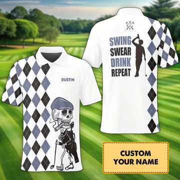 Swing Swear Drink Repeat Custom Name Golf Polo ShirtGolf Shirt, Gift For Golfers