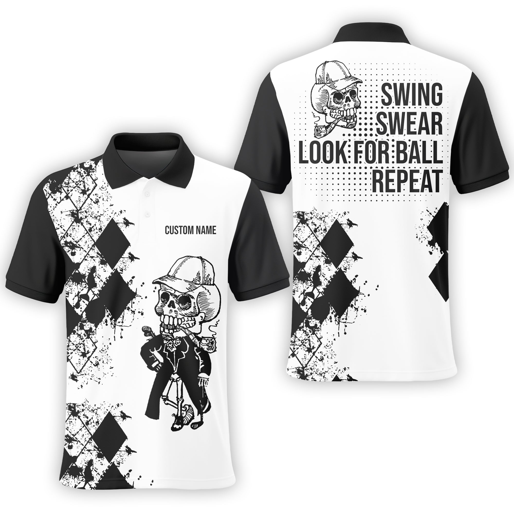 Swing Swear Repeat Skull Golf Shirt, Custom Name Polo ShirtPresent For Golfer