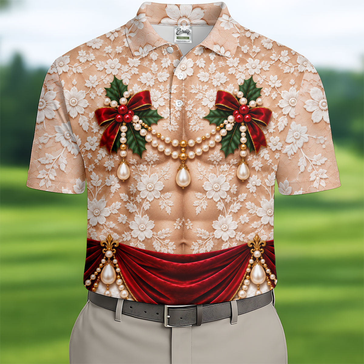White Lace Pearls Christmas Golf Shirt, Funny Mens Golf Shirts, Golf Shirts For Men