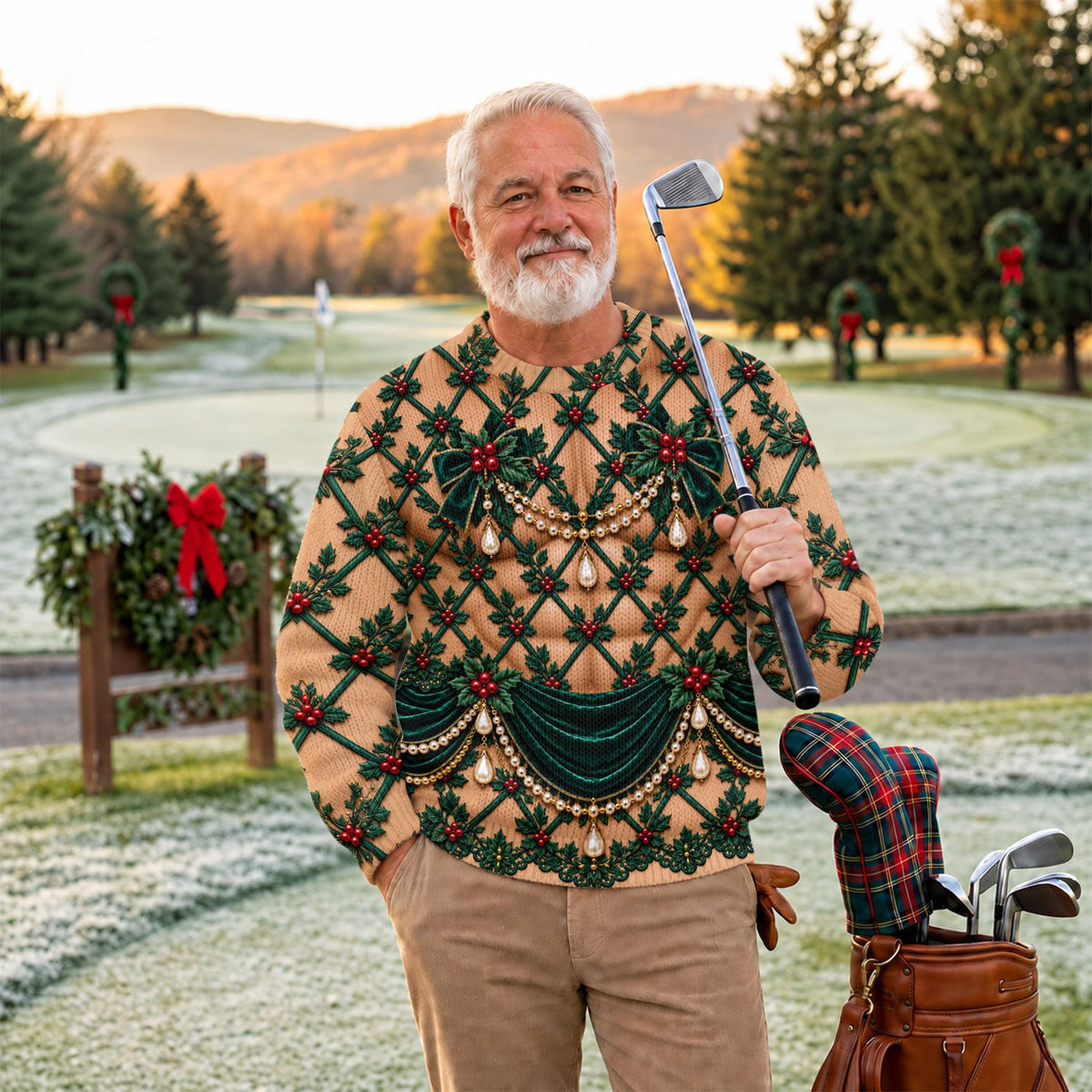 Green Holly Pearls Ugly Christmas Sweater, Christmas Golf Gift, Ugly Sweater Party