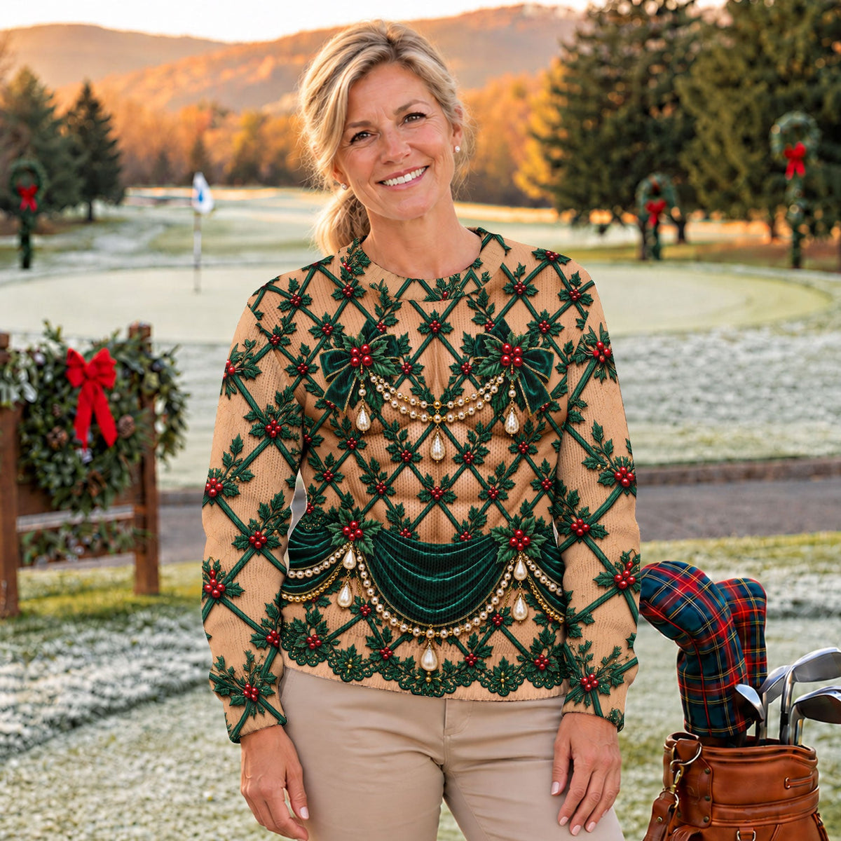 Green Holly Pearls Ugly Christmas Sweater, Christmas Golf Gift, Ugly Sweater Party